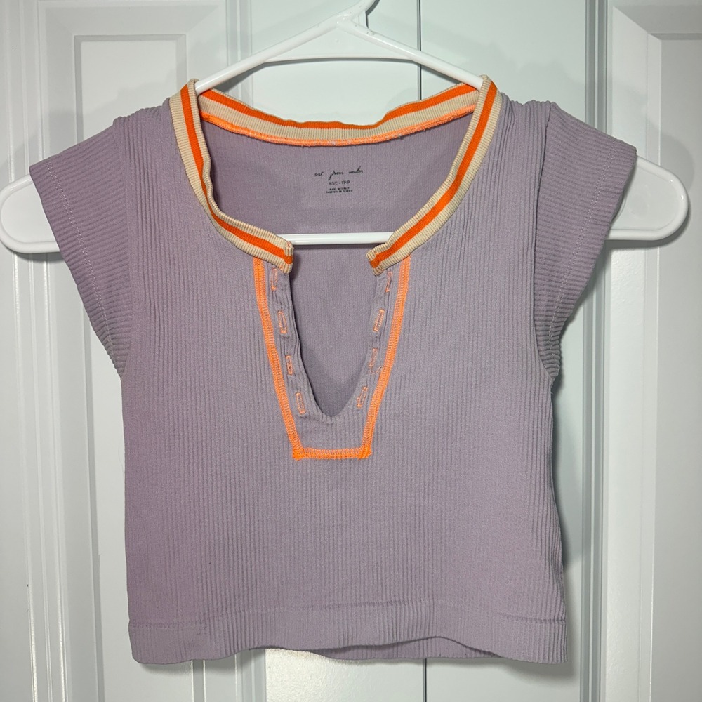 Out From Under Go For Gold Seamless Ribbed Crop Top XS/S Purple Split Neck